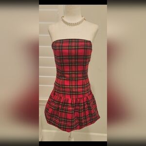 Red Plaid Tube Dress With Balloon Bottom Style